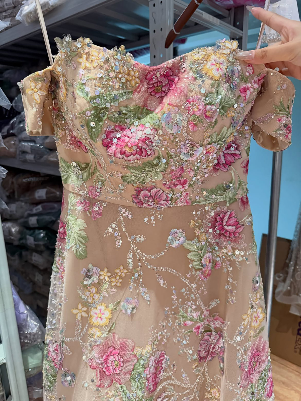 Luxury Nude Pink Off The Shoulder Floral Beaded A Line Dress LA72709A SERENE HILL