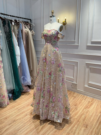 Luxury Nude Pink Off The Shoulder Floral Beaded A Line Dress LA72709A SERENE HILL