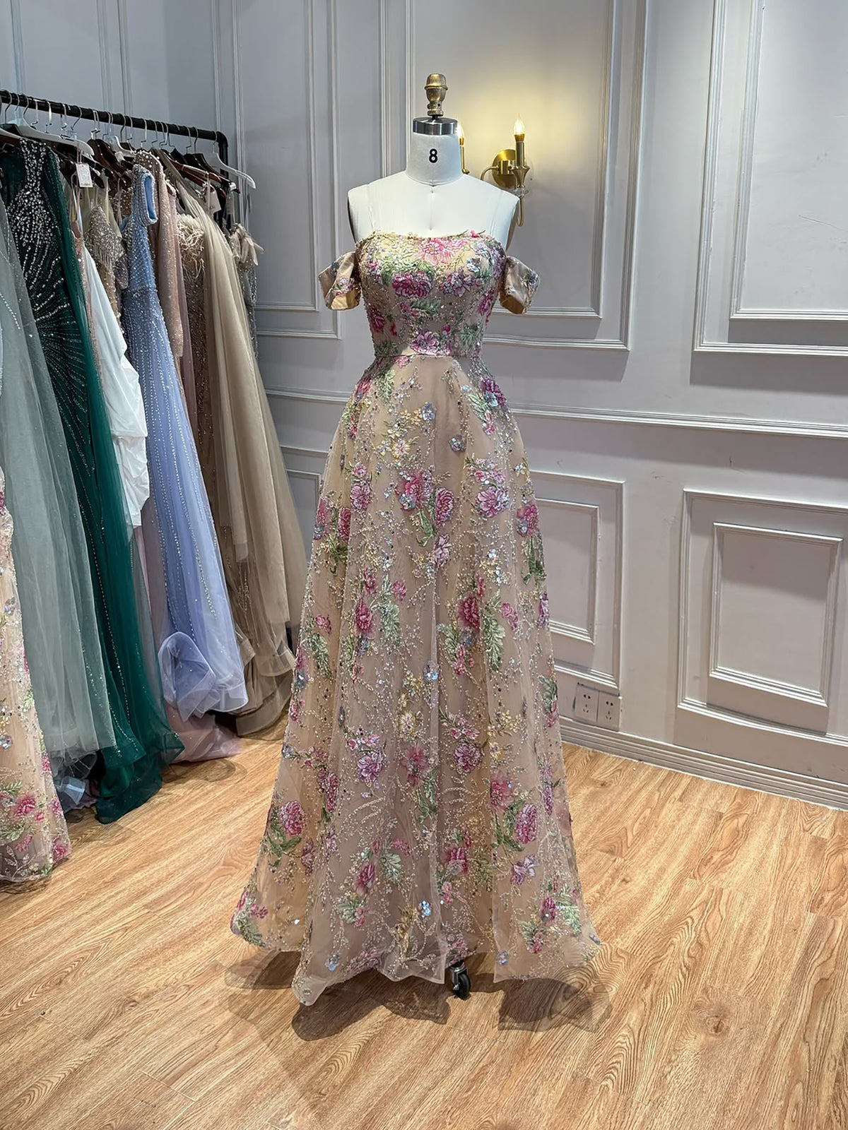 Luxury Nude Pink Off The Shoulder Floral Beaded A Line Dress LA72709A SERENE HILL