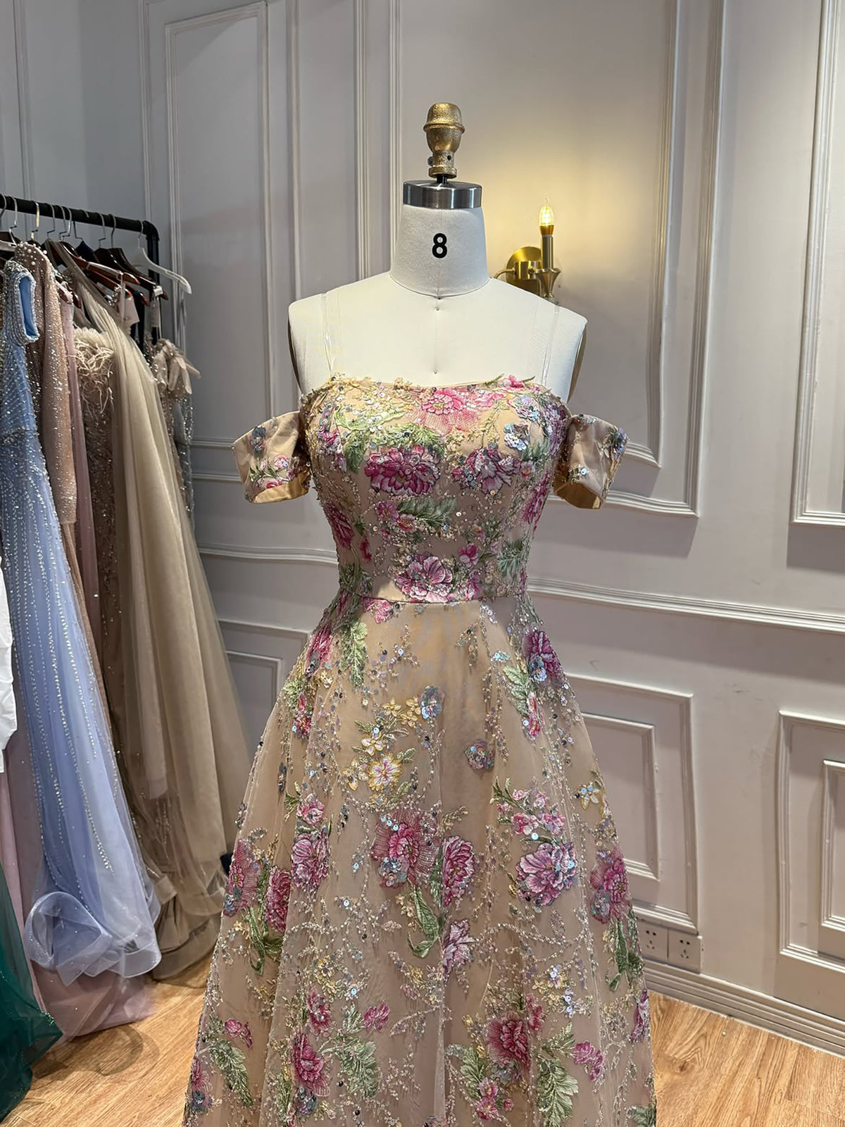 Luxury Nude Pink Off The Shoulder Floral Beaded A Line Dress LA72709A SERENE HILL