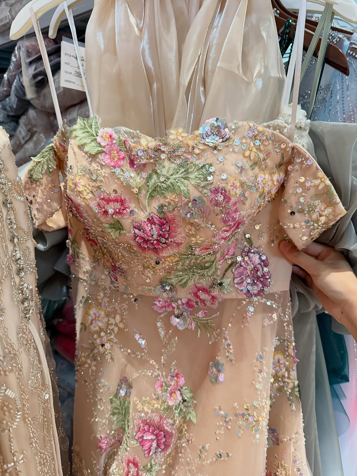 Luxury Nude Pink Off The Shoulder Floral Beaded A Line Dress LA72709A SERENE HILL
