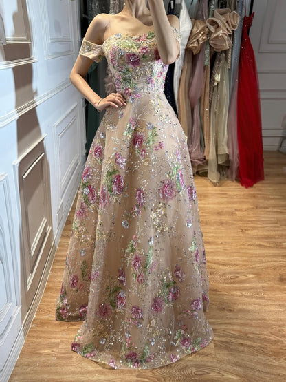 Luxury Nude Pink Off The Shoulder Floral Beaded A Line Dress LA72709A SERENE HILL