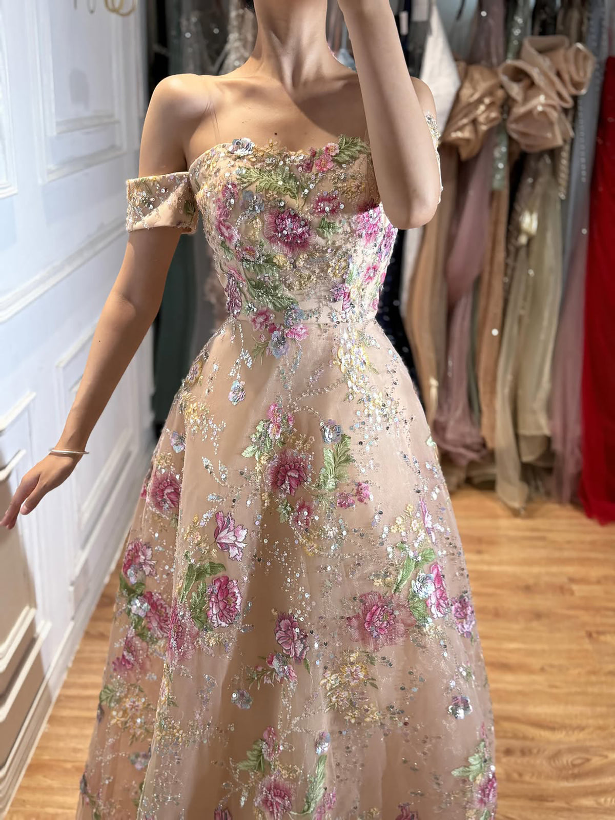 Luxury Nude Pink Off The Shoulder Floral Beaded A Line Dress LA72709A SERENE HILL