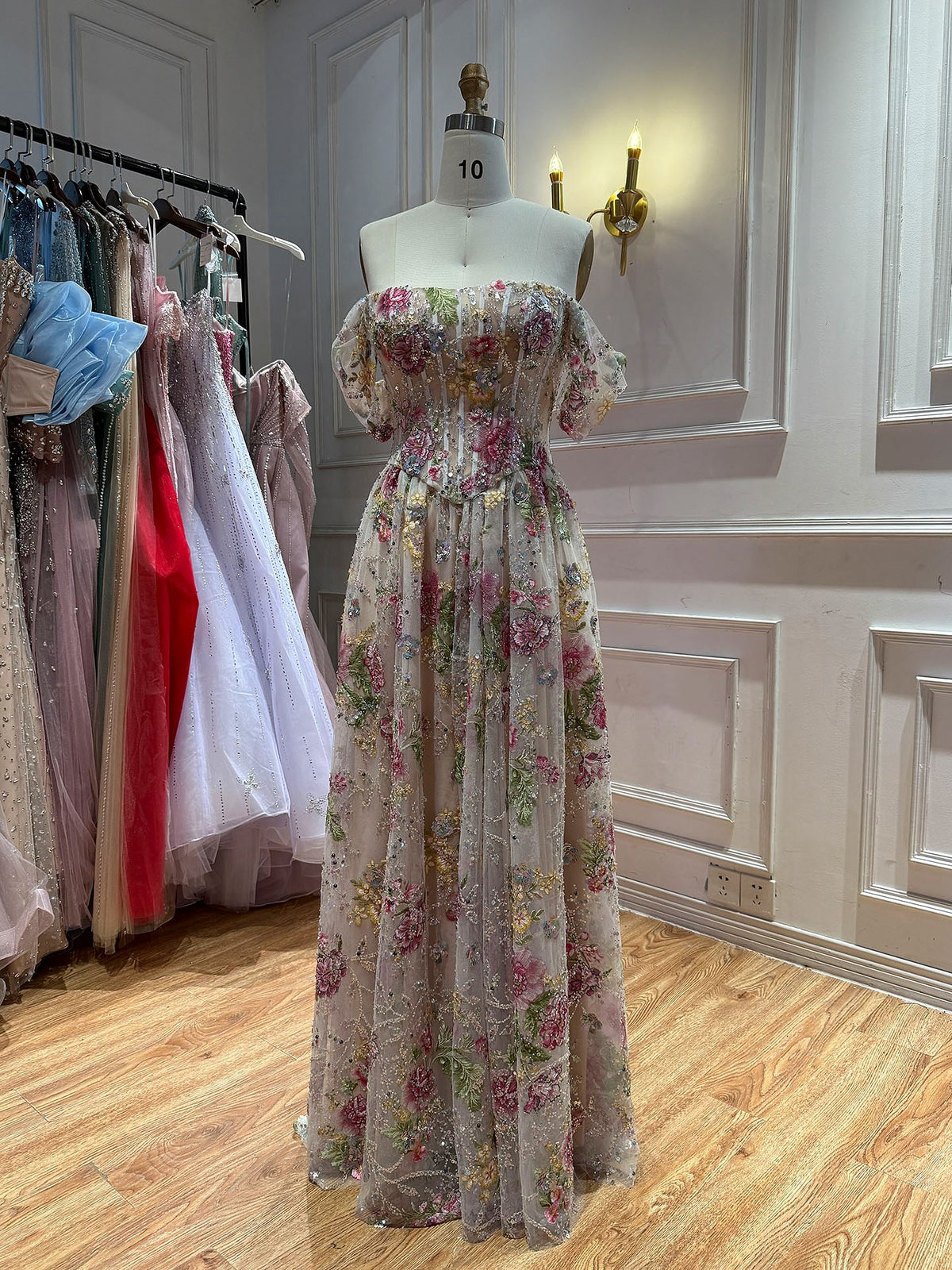 Elegant Pink Floral Beaded Off Shoulder A Line Prom Dress LA72709B