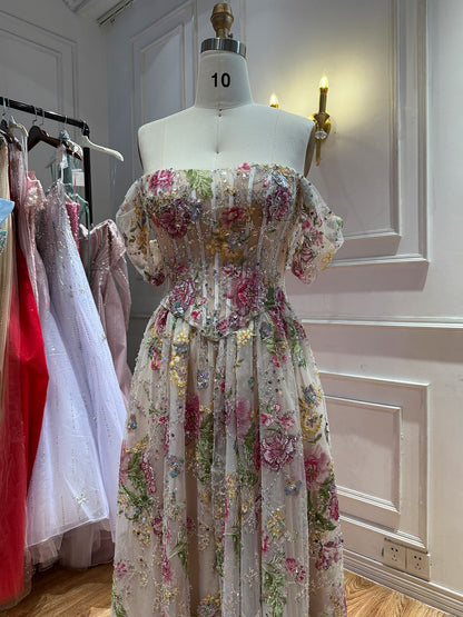Elegant Pink Floral Beaded Off Shoulder A Line Prom Dress LA72709B