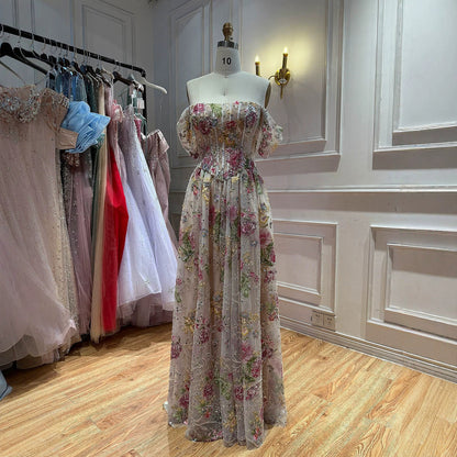 Elegant Pink Floral Beaded Off Shoulder A Line Prom Dress LA72709B
