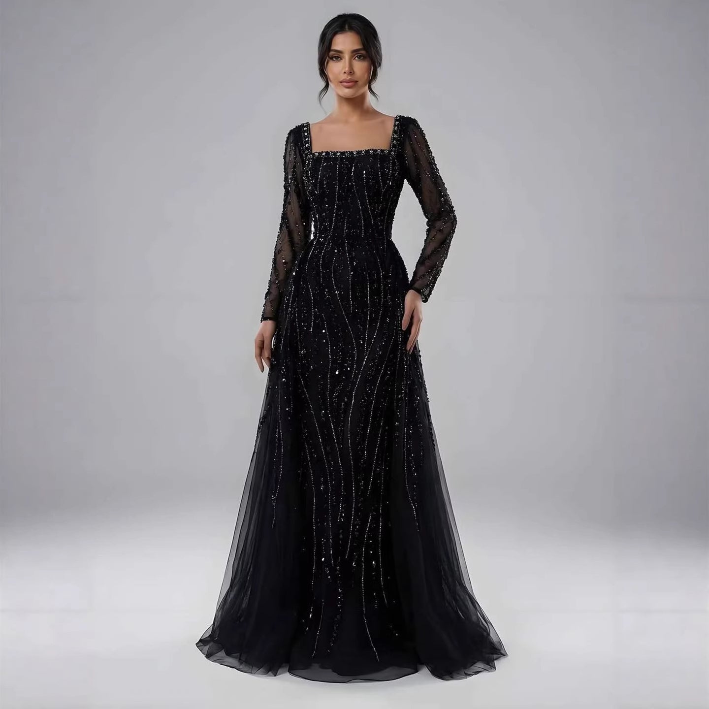 Luxury Modest Caramel Beaded Mermaid Evening Dress with Overskirt LA72710A - SERENE  HILL
