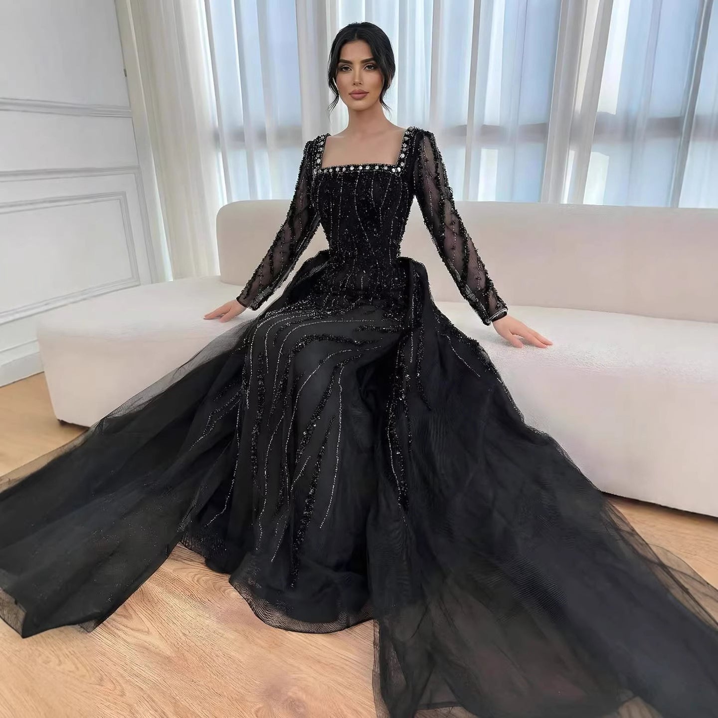 Luxury Modest Caramel Beaded Mermaid Evening Dress with Overskirt LA72710A - SERENE  HILL