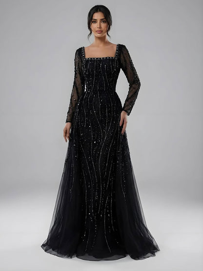 Luxury Modest Caramel Beaded Mermaid Evening Dress with Overskirt LA72710A - SERENE  HILL