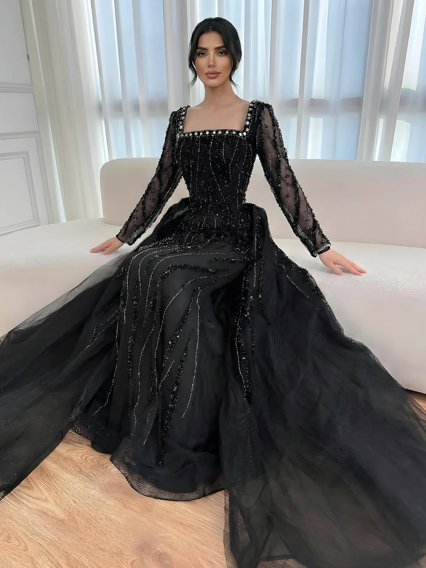 Luxury Modest Caramel Beaded Mermaid Evening Dress with Overskirt LA72710A