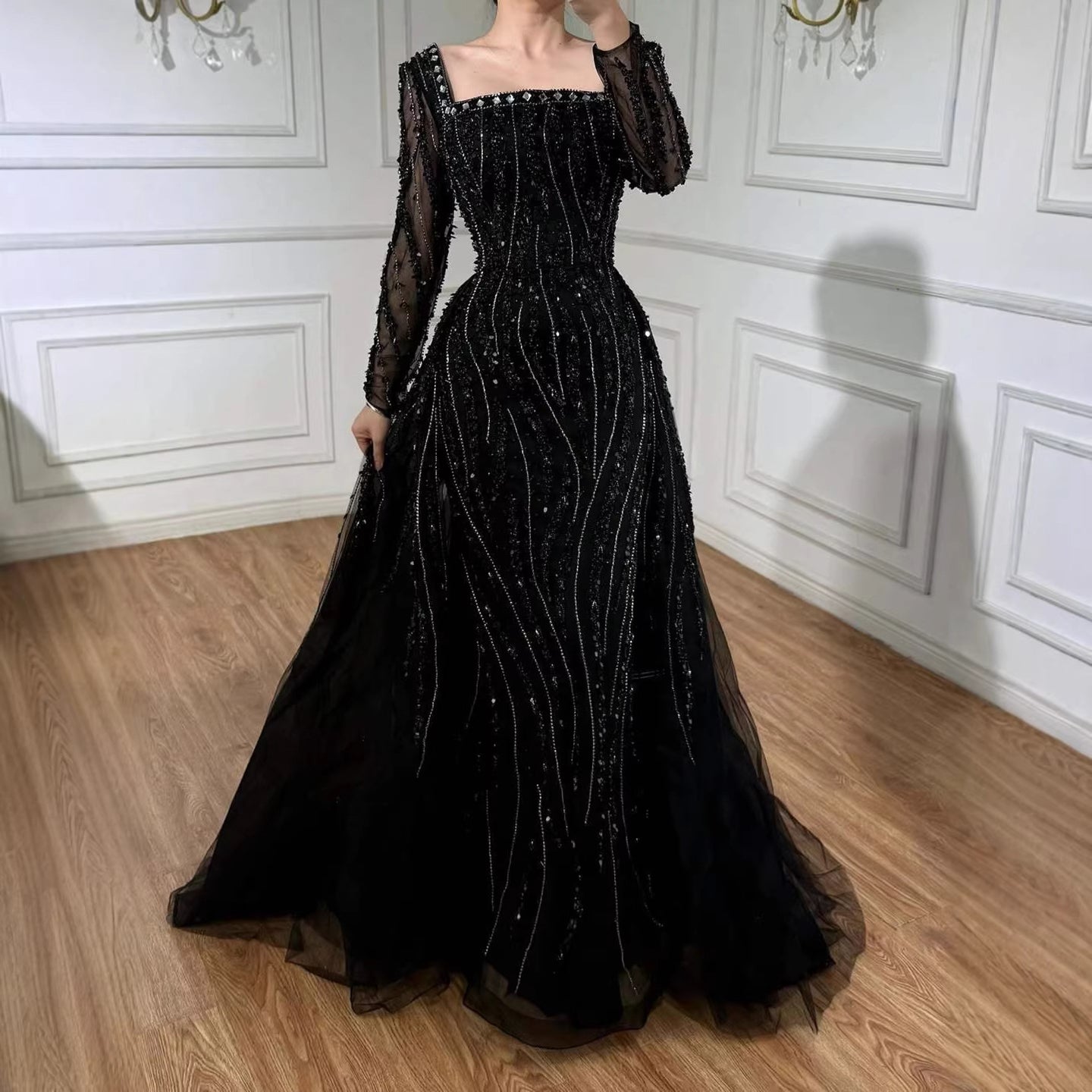Luxury Modest Caramel Beaded Mermaid Evening Dress with Overskirt LA72710A - SERENE  HILL