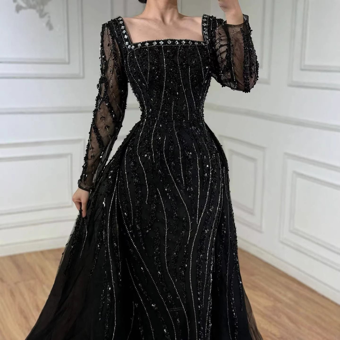 Luxury Modest Caramel Beaded Mermaid Evening Dress with Overskirt LA72710A - SERENE  HILL