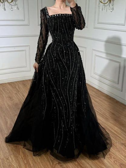 Luxury Modest Caramel Beaded Mermaid Evening Dress with Overskirt LA72710A - SERENE  HILL