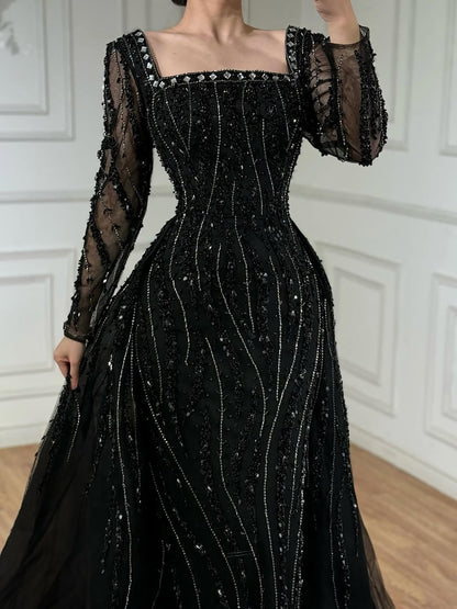 Luxury Modest Caramel Beaded Mermaid Evening Dress with Overskirt LA72710A - SERENE  HILL