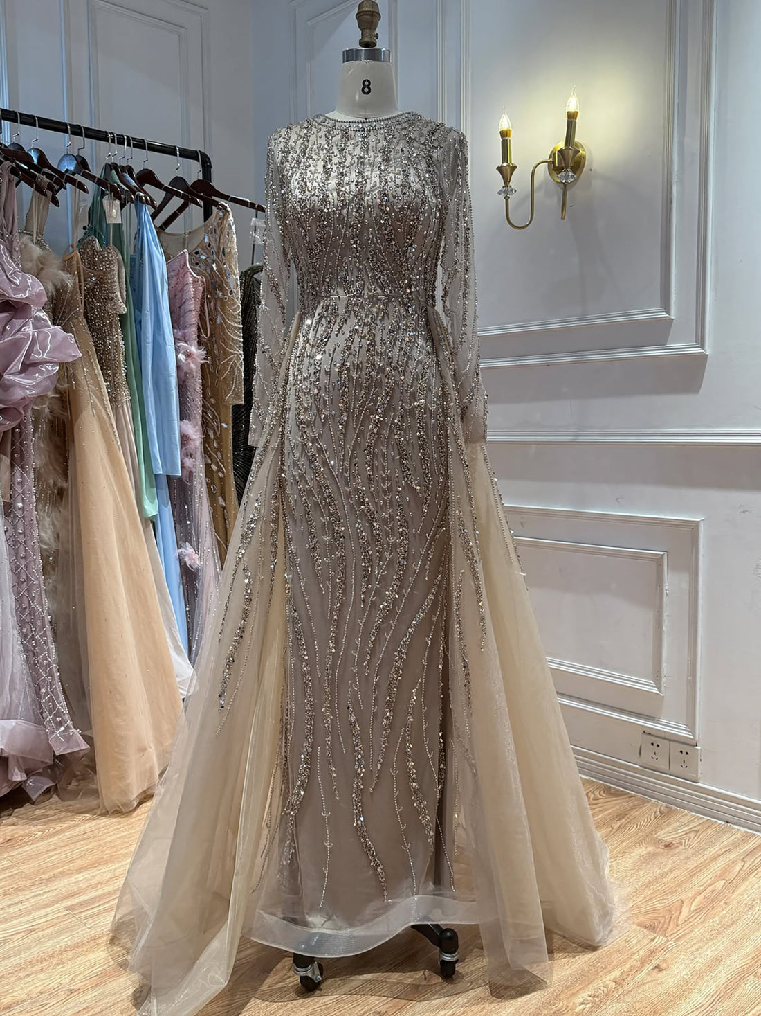 Luxury Caramel Beaded Long Sleeve Mermaid Dress With Overskirt LA72710B