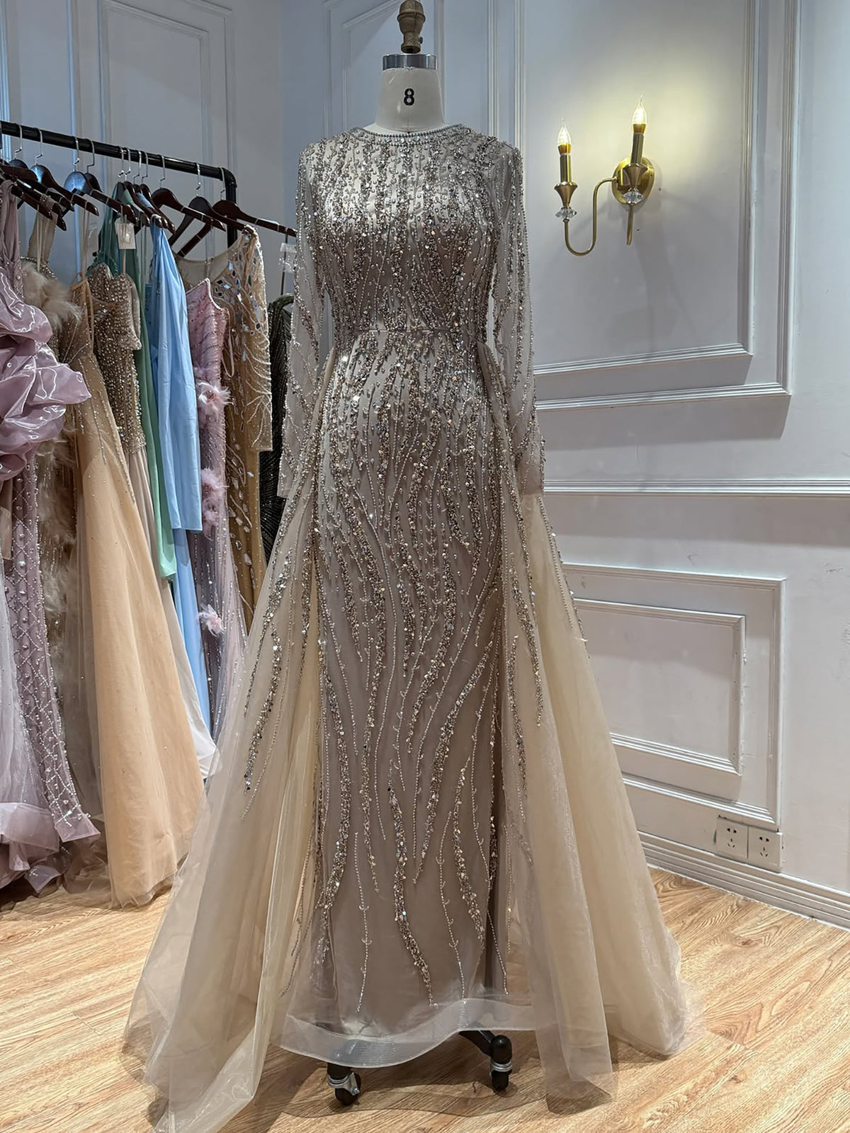 Luxury Caramel Beaded Long Sleeve Mermaid Dress With Overskirt LA72710B