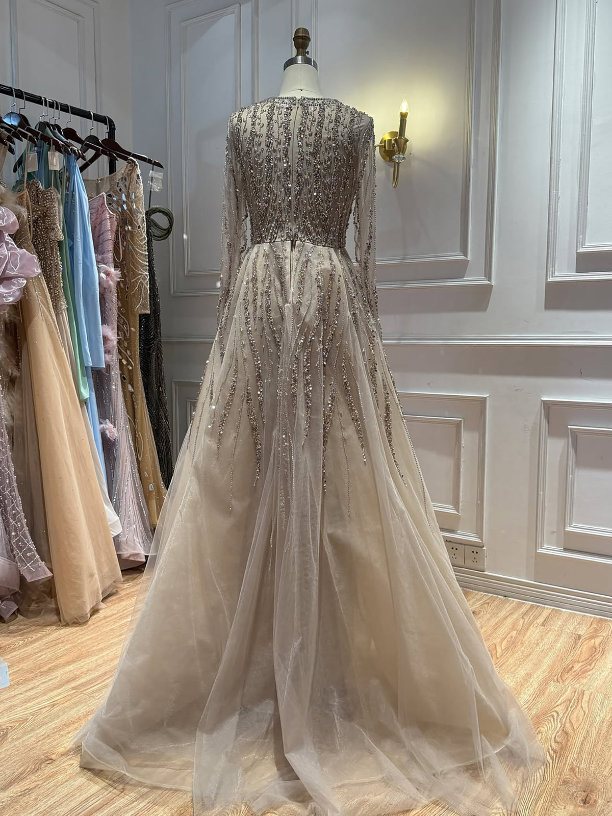 Luxury Caramel Beaded Long Sleeve Mermaid Dress With Overskirt LA72710B