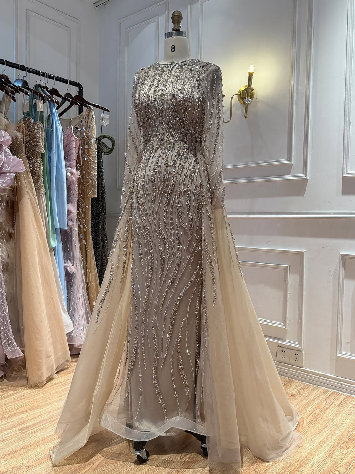 Luxury Caramel Beaded Long Sleeve Mermaid Dress With Overskirt LA72710B