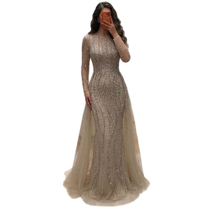 Luxury Caramel Beaded Long Sleeve Mermaid Dress With Overskirt LA72710B