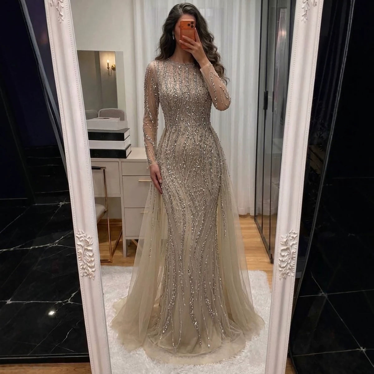 Luxury Caramel Beaded Long Sleeve Mermaid Dress With Overskirt LA72710B