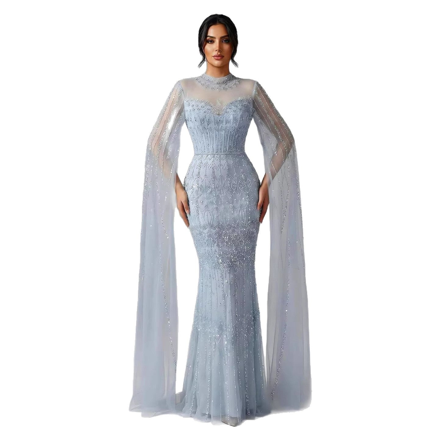 Luxury Arabic Blue Beaded Mermaid Evening Dress with Long Cape Sleeves LA72714AA - SERENE  HILL