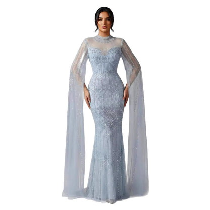 Luxury Arabic Blue Beaded Mermaid Evening Dress with Long Cape Sleeves LA72714AA - SERENE  HILL