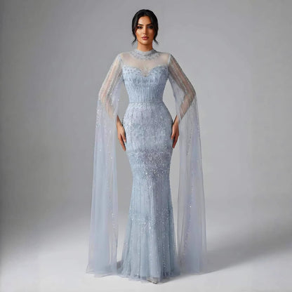 Luxury Arabic Blue Beaded Mermaid Evening Dress with Long Cape Sleeves LA72714AA - SERENE  HILL