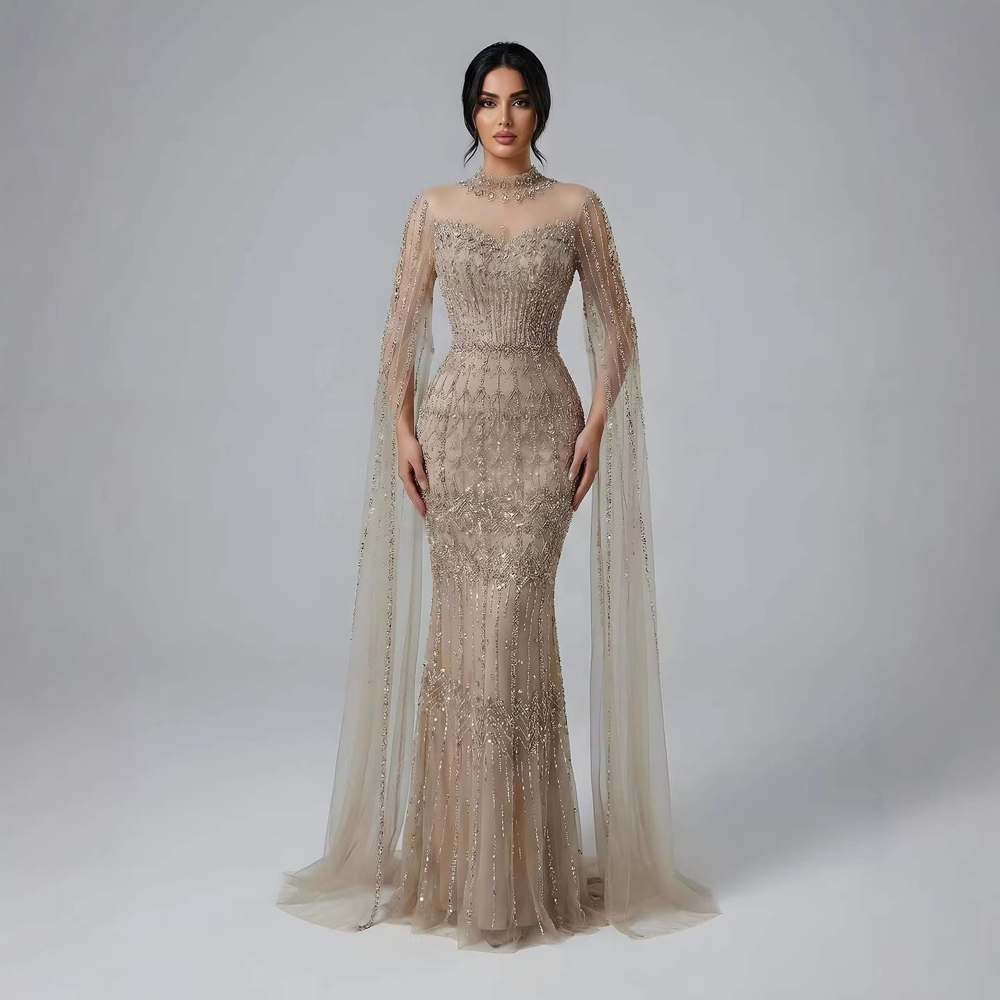 Luxury Arabic Blue Beaded Mermaid Evening Dress with Long Cape Sleeves LA72714AA - SERENE  HILL