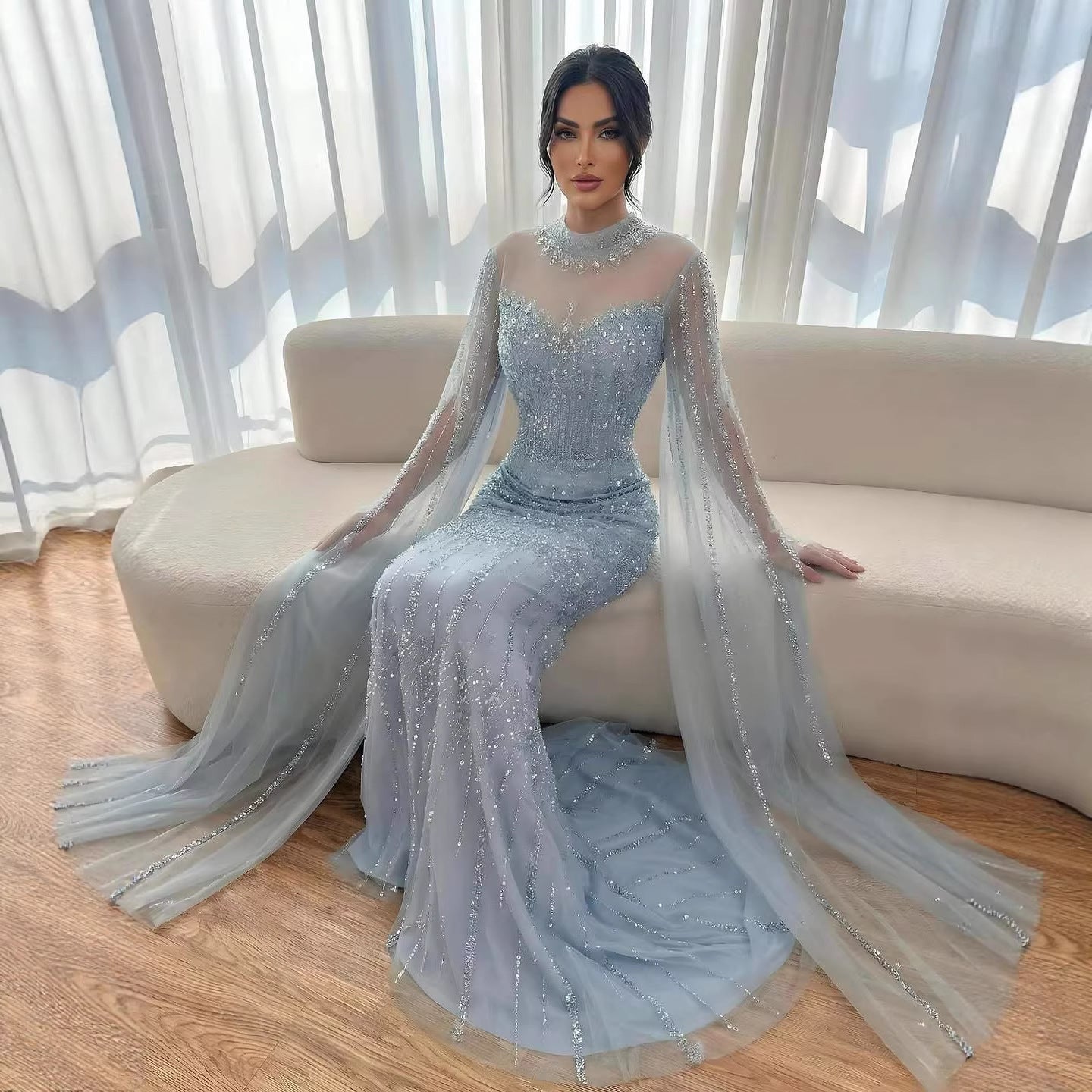 Luxury Arabic Blue Beaded Mermaid Evening Dress with Long Cape Sleeves LA72714AA - SERENE  HILL