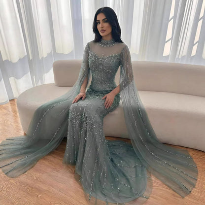 Luxury Arabic Blue Beaded Mermaid Evening Dress with Long Cape Sleeves LA72714AA - SERENE  HILL