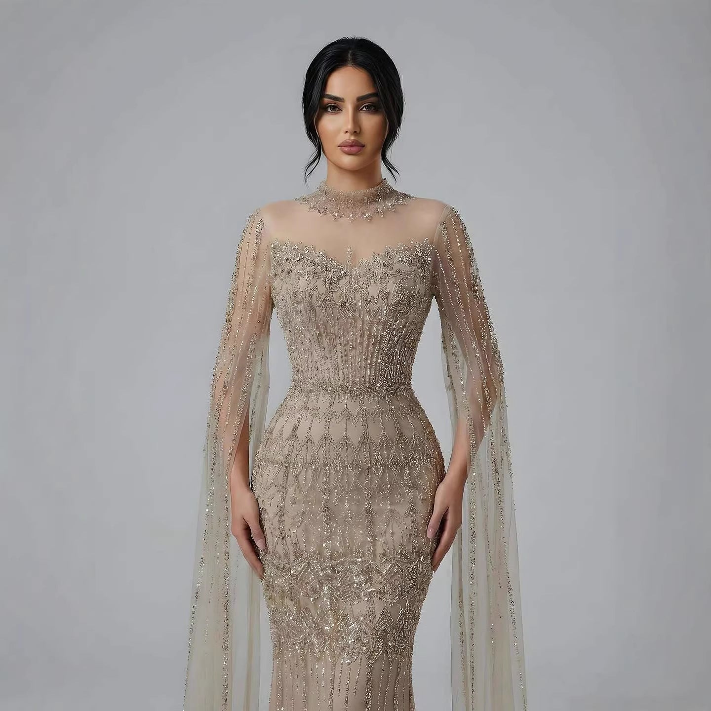 Luxury Arabic Blue Beaded Mermaid Evening Dress with Long Cape Sleeves LA72714AA - SERENE  HILL