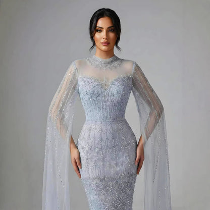 Luxury Arabic Blue Beaded Mermaid Evening Dress with Long Cape Sleeves LA72714AA - SERENE  HILL