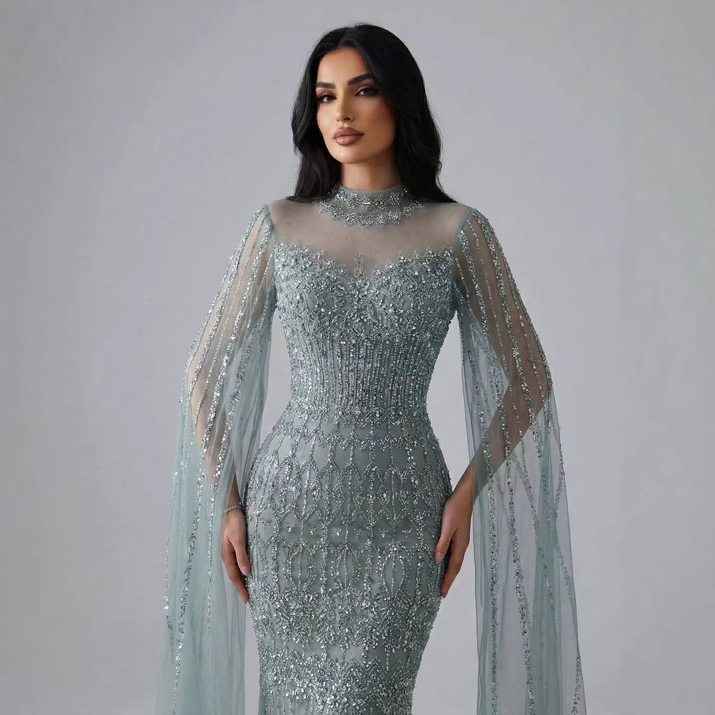 Luxury Arabic Blue Beaded Mermaid Evening Dress with Long Cape Sleeves LA72714AA - SERENE  HILL