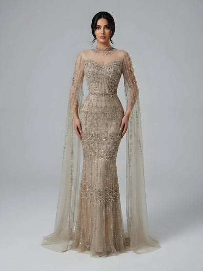 Luxury Arabic Blue Beaded Mermaid Evening Dress with Long Cape Sleeves LA72714AA - SERENE  HILL