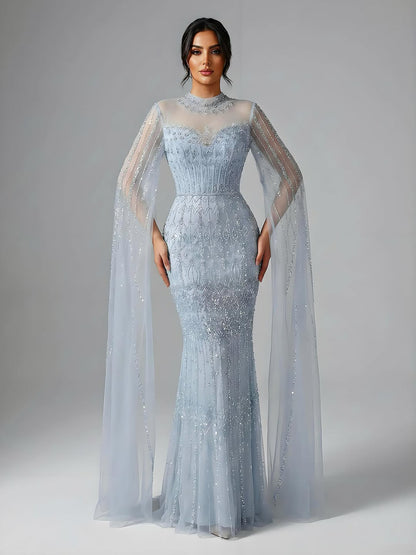 Luxury Arabic Blue Beaded Mermaid Evening Dress with Long Cape Sleeves LA72714AA - SERENE  HILL