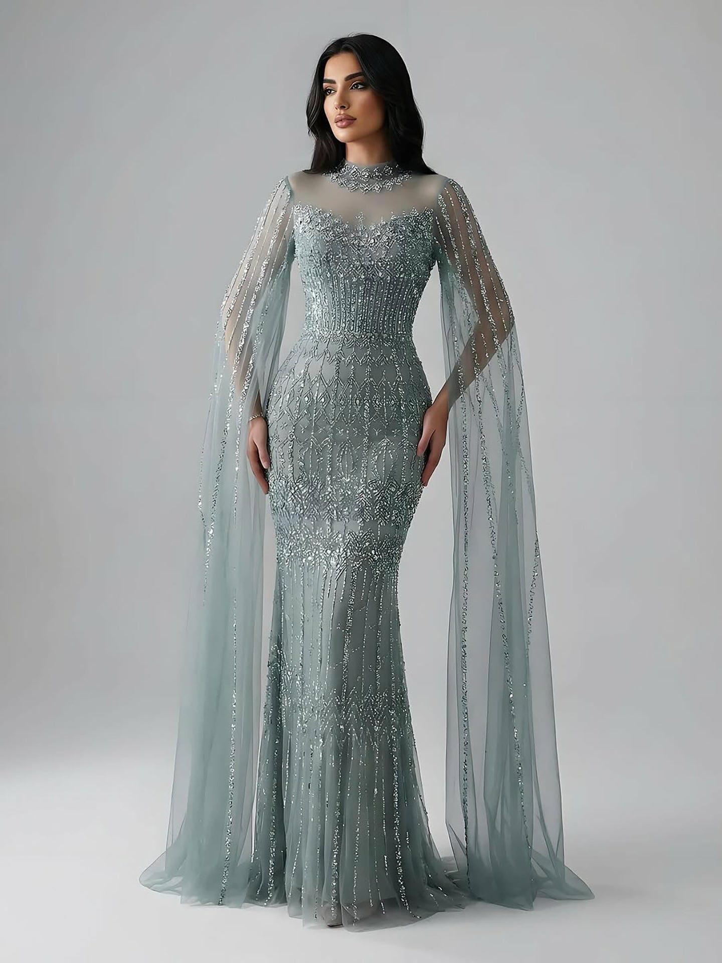 Luxury Arabic Blue Beaded Mermaid Evening Dress with Long Cape Sleeves LA72714AA - SERENE  HILL