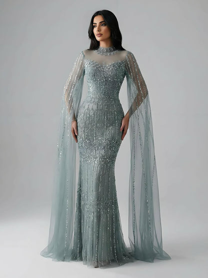 Luxury Arabic Blue Beaded Mermaid Evening Dress with Long Cape Sleeves LA72714AA - SERENE  HILL