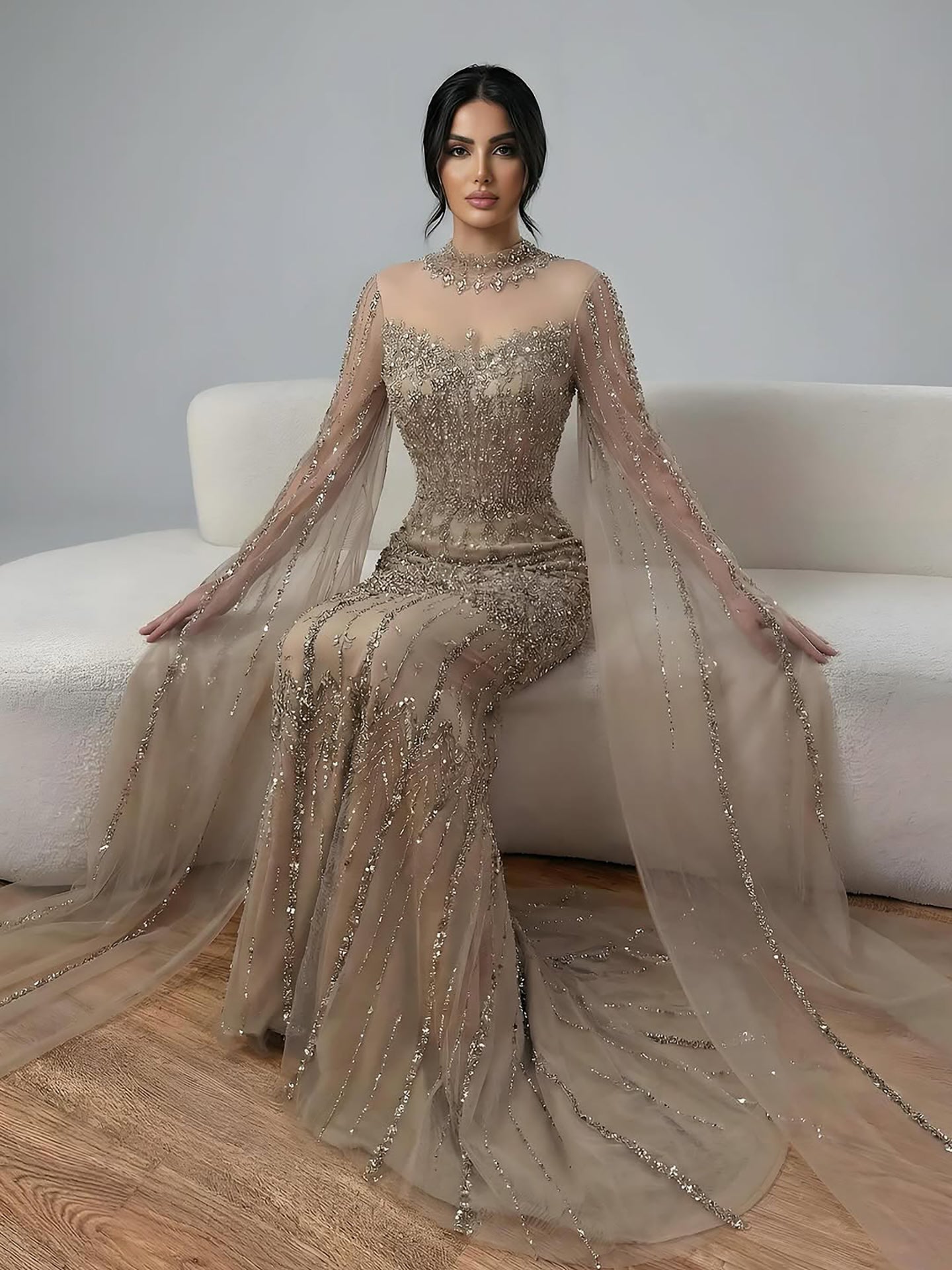 Luxury Arabic Blue Beaded Mermaid Evening Dress with Long Cape Sleeves LA72714AA - SERENE  HILL