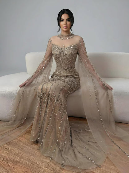 Luxury Arabic Blue Beaded Mermaid Evening Dress with Long Cape Sleeves LA72714AA - SERENE  HILL