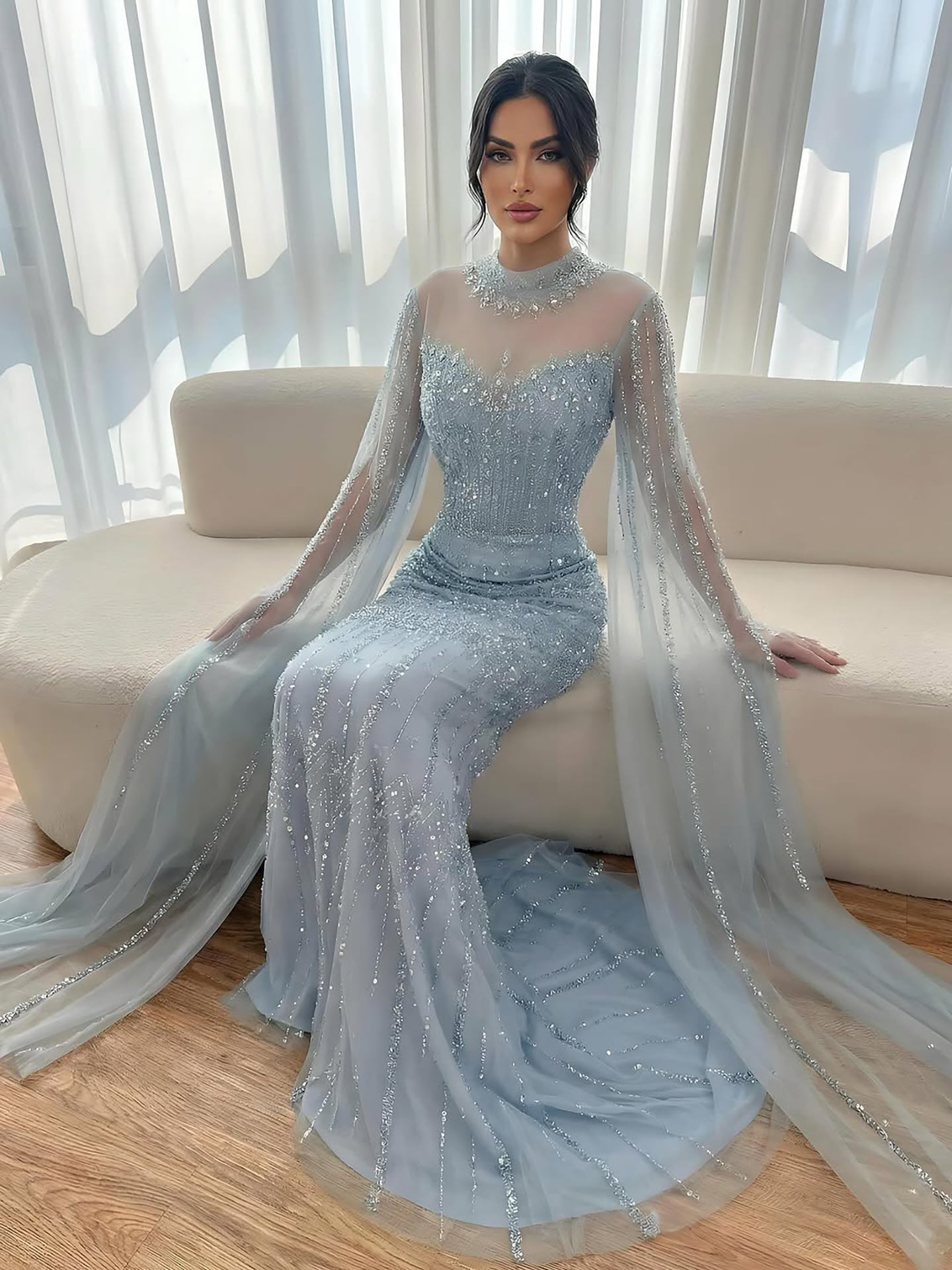Luxury Arabic Blue Beaded Mermaid Evening Dress with Long Cape Sleeves LA72714AA - SERENE  HILL