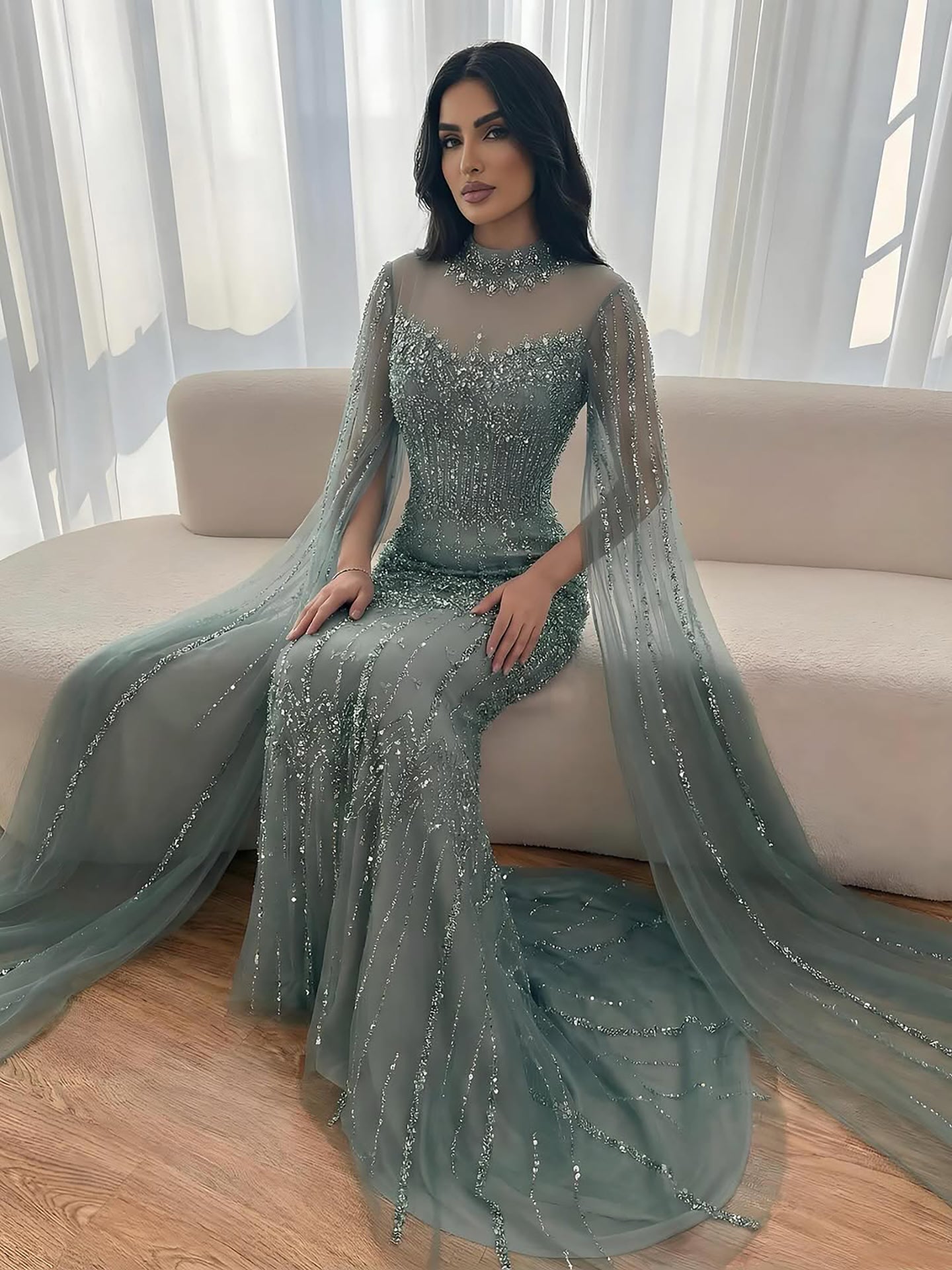 Luxury Arabic Blue Beaded Mermaid Evening Dress with Long Cape Sleeves LA72714AA - SERENE  HILL