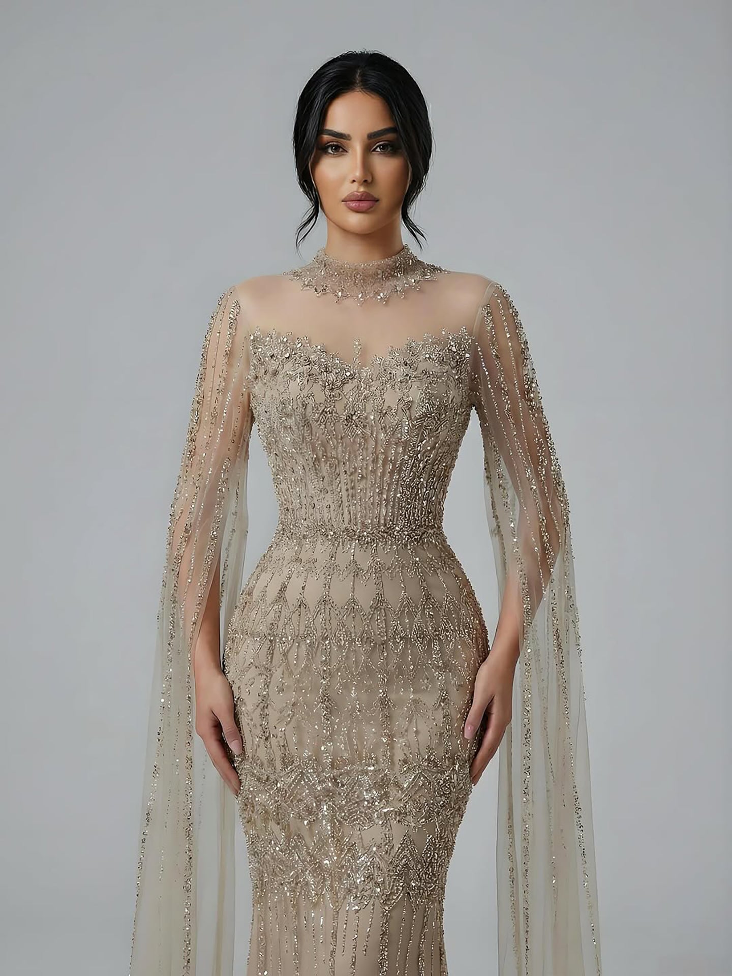 Luxury Arabic Blue Beaded Mermaid Evening Dress with Long Cape Sleeves LA72714AA - SERENE  HILL