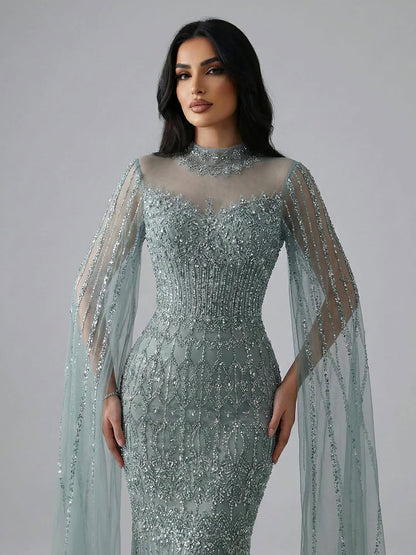 Luxury Arabic Blue Beaded Mermaid Evening Dress with Long Cape Sleeves LA72714AA - SERENE  HILL