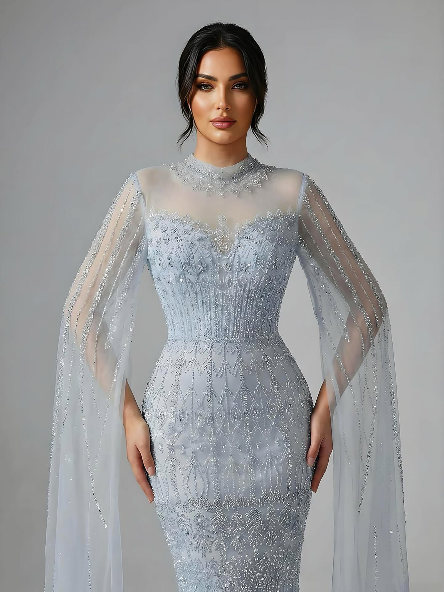 Luxury Arabic Blue Beaded Mermaid Evening Dress with Long Cape Sleeves LA72714AA - SERENE  HILL