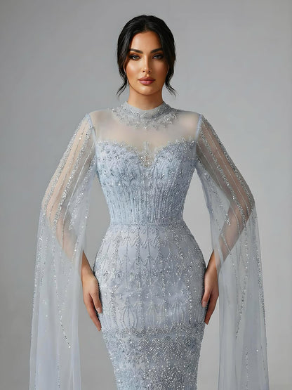 Luxury Arabic Blue Beaded Mermaid Evening Dress with Long Cape Sleeves LA72714AA - SERENE  HILL