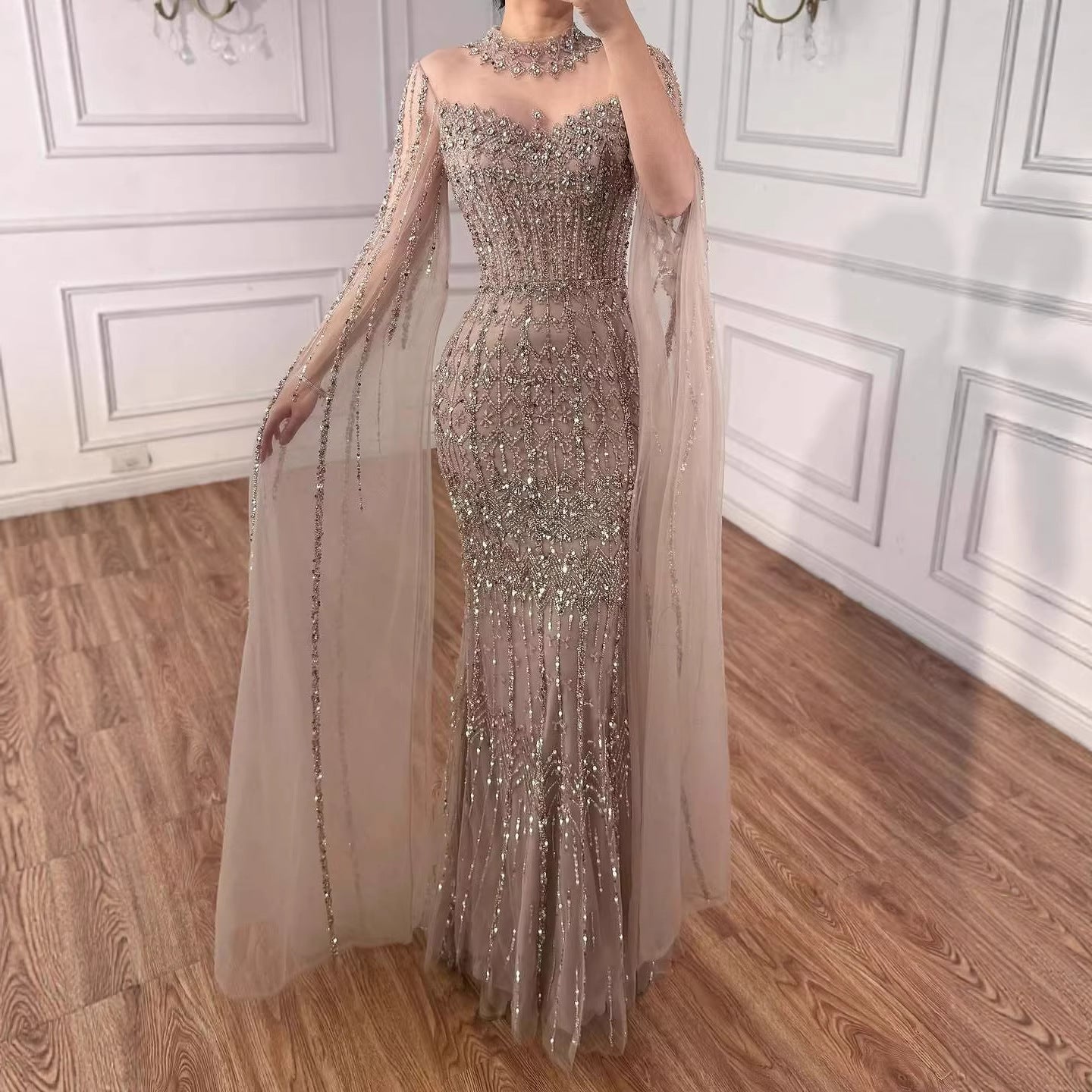 Luxury Arabic Blue Beaded Mermaid Evening Dress with Long Cape Sleeves LA72714AA - SERENE  HILL