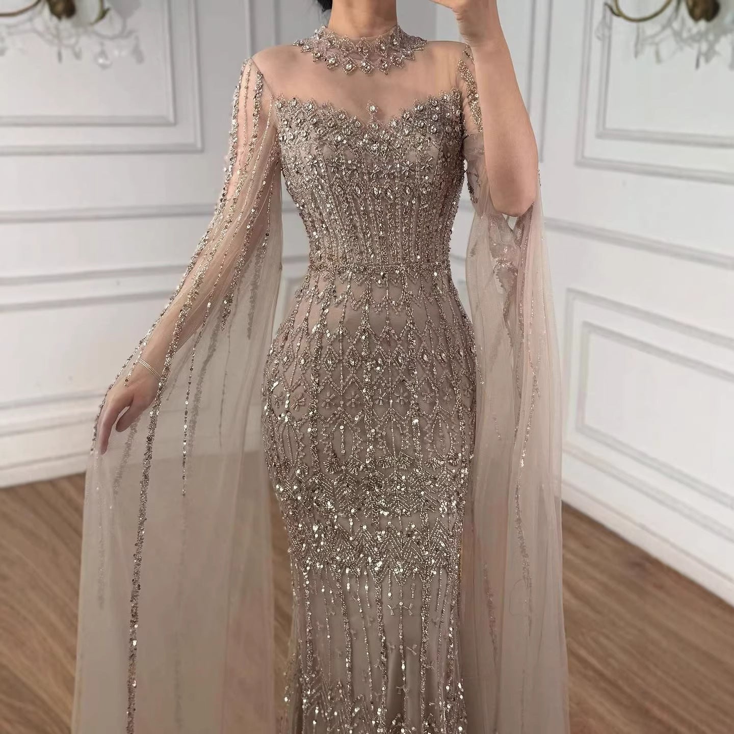 Luxury Arabic Blue Beaded Mermaid Evening Dress with Long Cape Sleeves LA72714AA - SERENE  HILL