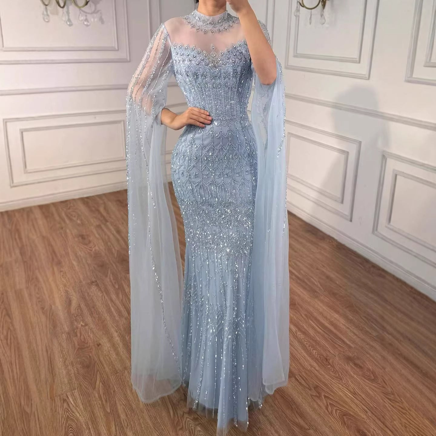 Luxury Arabic Blue Beaded Mermaid Evening Dress with Long Cape Sleeves LA72714AA - SERENE  HILL