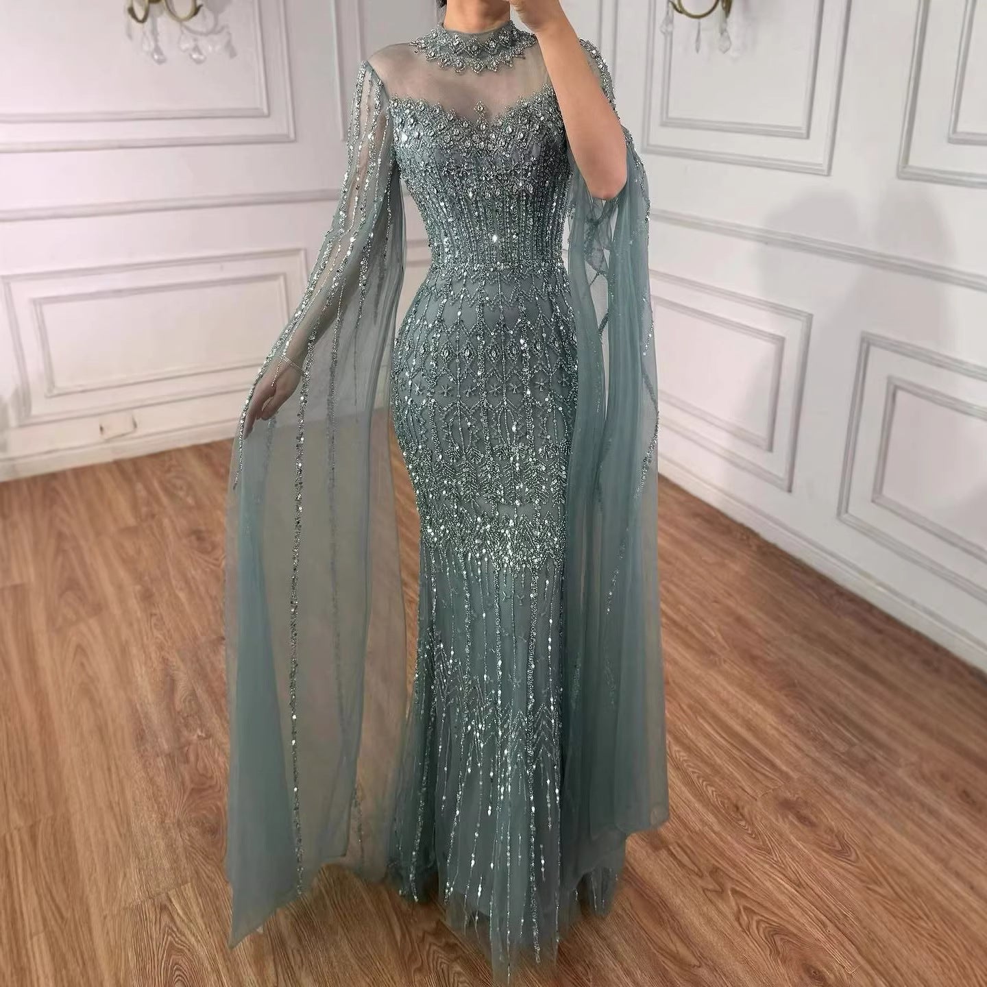 Luxury Arabic Blue Beaded Mermaid Evening Dress with Long Cape Sleeves LA72714AA - SERENE  HILL