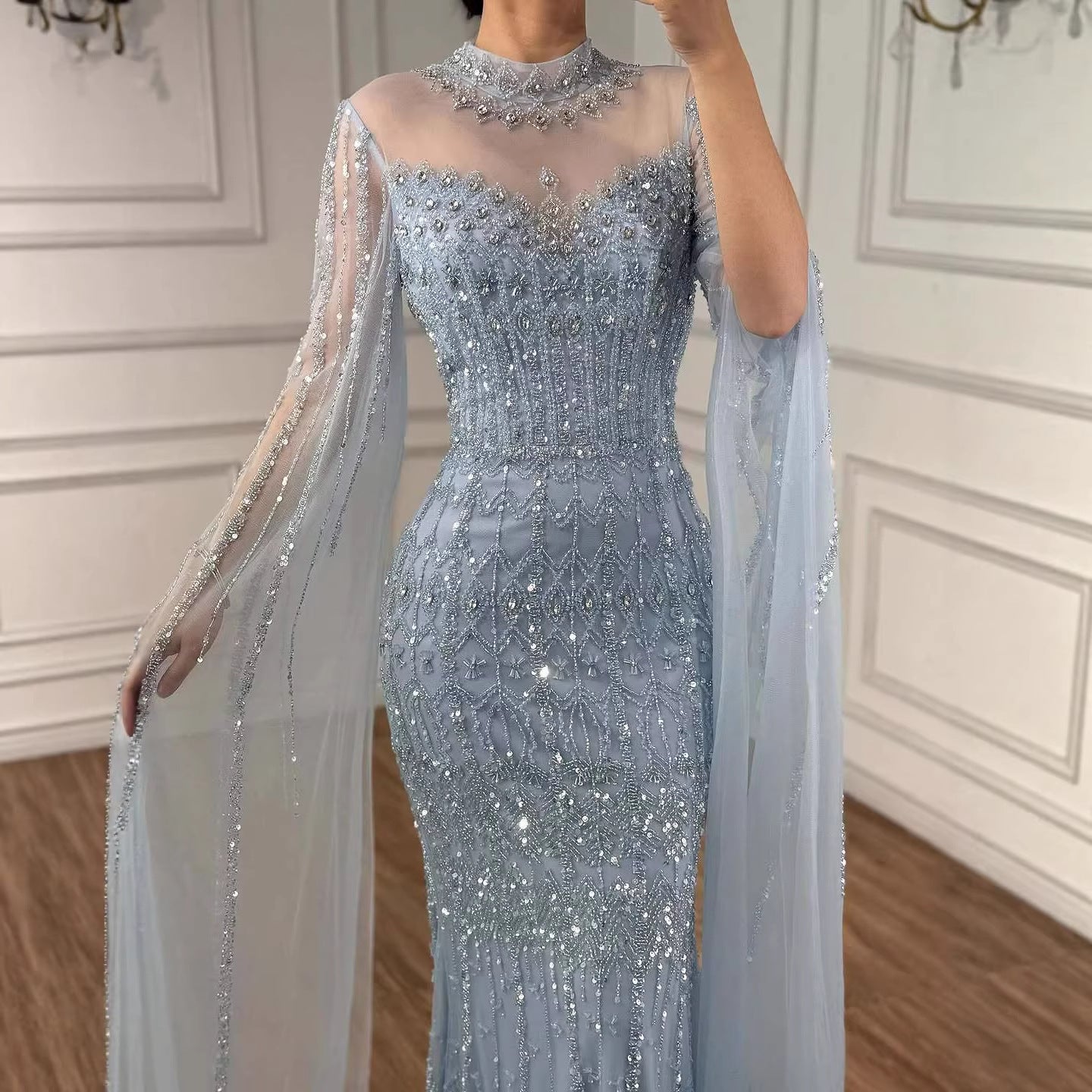 Luxury Arabic Blue Beaded Mermaid Evening Dress with Long Cape Sleeves LA72714AA - SERENE  HILL